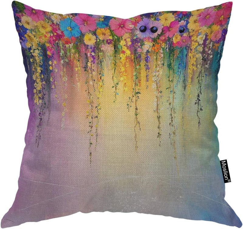 Moslion Floral Pillows Flower Decorative Throw Pillow Cover Watercolor Painting Flowers Pillow Case 18x18 Inch Cotton Linen Square Cushion Cover for Sofa Bed Purple - Image 1